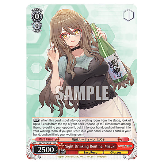 Night Drinking Routine, Mizuki Character card from the Weiss Schwarz set Lycoris Recoil - Premium Booster LRC/WE47-E17