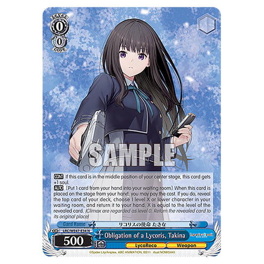 Obligation of a Lycoris, Takina Character card from the Weiss Schwarz set Lycoris Recoil - Premium Booster LRC/WE47-E34