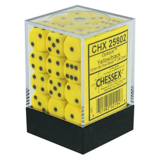 Chessex - Opaque 12mm D6 w/pips 36-Dice Blocks - Yellow w/black