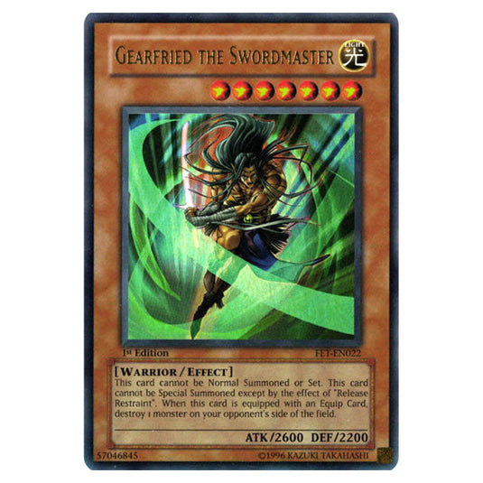 Gearfried the Swordmaster FET-EN022 card from the Yu-Gi-Oh! set Flaming Eternity